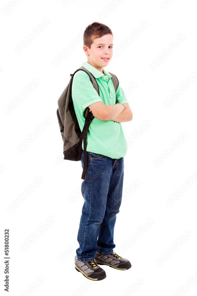 Full body portrait of a school boy with backpack, isolated on wh Full body portrait of a school boy with backpack, isolated on wh