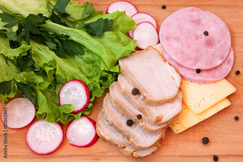 Pork, ham, cheese and fresh vegetables Pork, ham, cheese and fresh vegetables