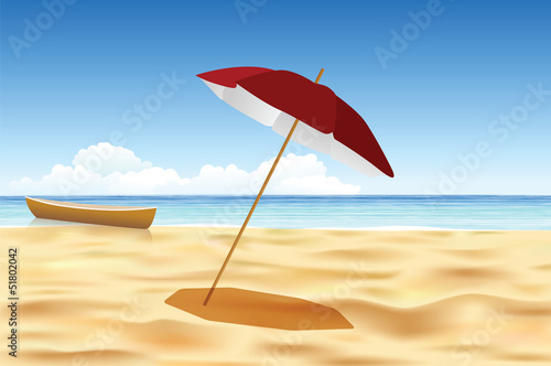 Quiet beach umbrella and boat