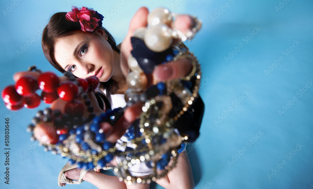 summer girl plenty of jewellery beads in hands summer girl plenty of jewellery beads in hands