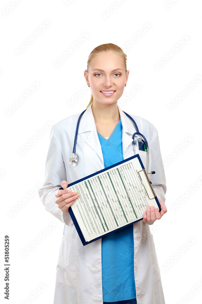 Young doctor with stethoscope and clipboard Young doctor with stethoscope and clipboard
