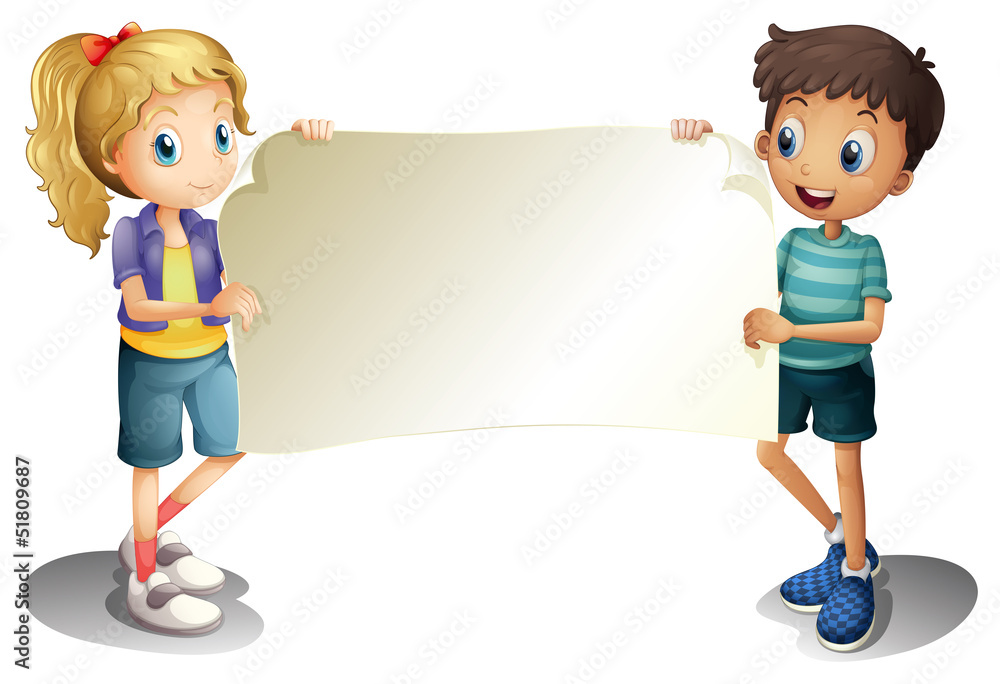A girl and a boy holding an empty banner A girl and a boy holding an empty banner