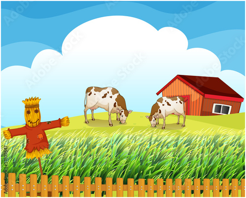 A scarecrow with two cows inside the fence