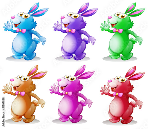 Six colorful bunnies