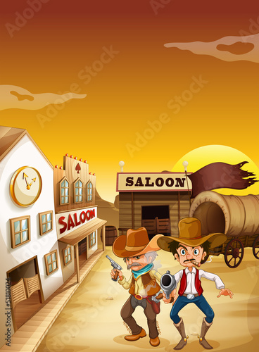 Two armed men standing outside the saloon