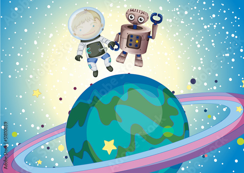 A boy and a robbot in the outer space