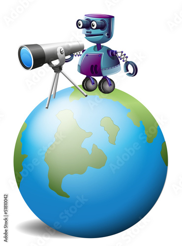 A robot with a telescope above the planet earth