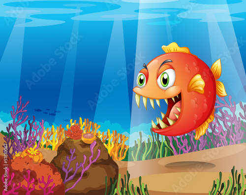 A piranha in the sea with corals