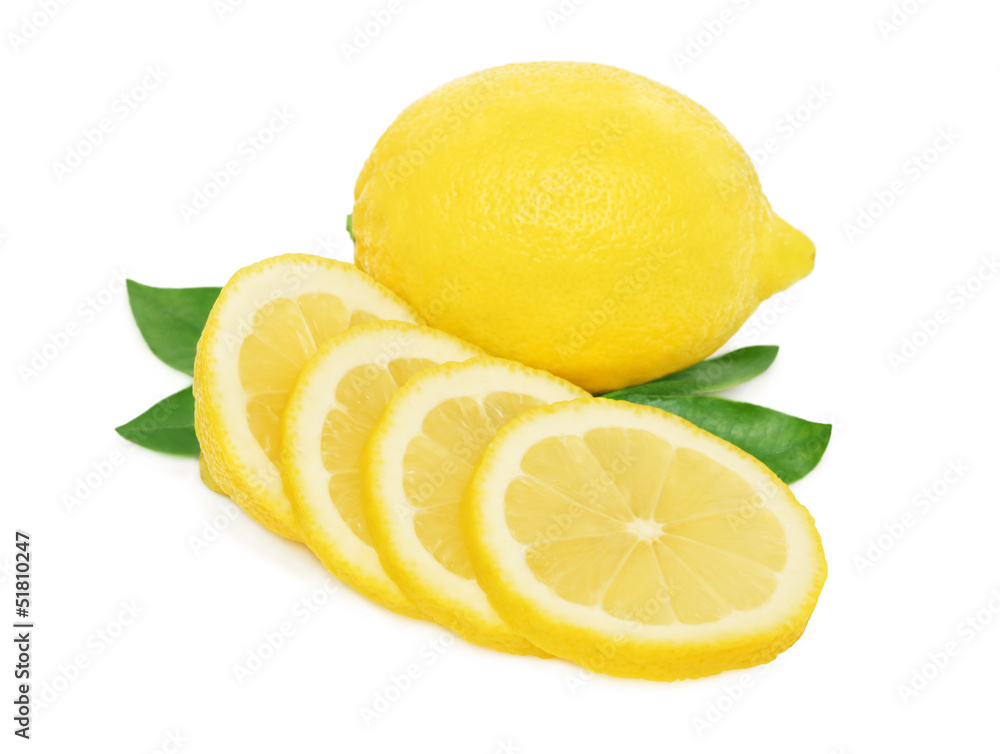Ripe lemon and slices with green leaves on white background Ripe lemon and slices with green leaves on white background