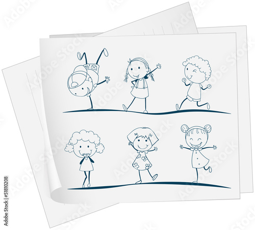 A paper with a drawing of kids dancing