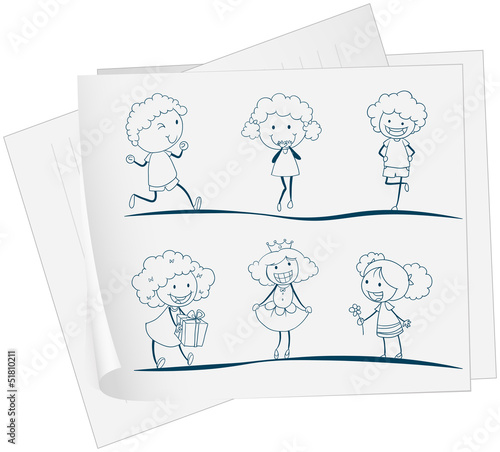 A paper with a drawing of a girl in different attires