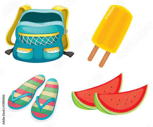 A backpack, a pair of slippers and foods for refreshment