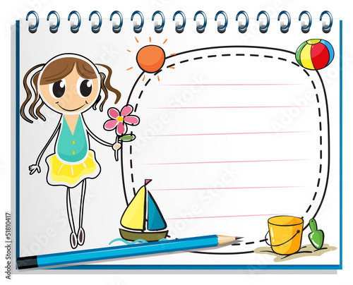 A notebook with a drawing of a young girl holding a flower
