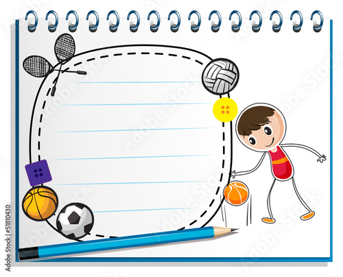A notebook with a drawing of a boy with the different sports acc