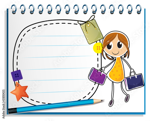 A notebook with a drawing of a girl holding bags