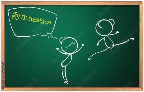 A blackboard with a drawing of two girls doing gymnastics