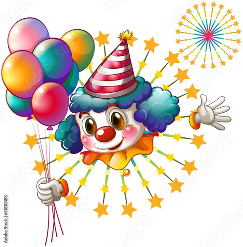 A clown with balloons and a firework display