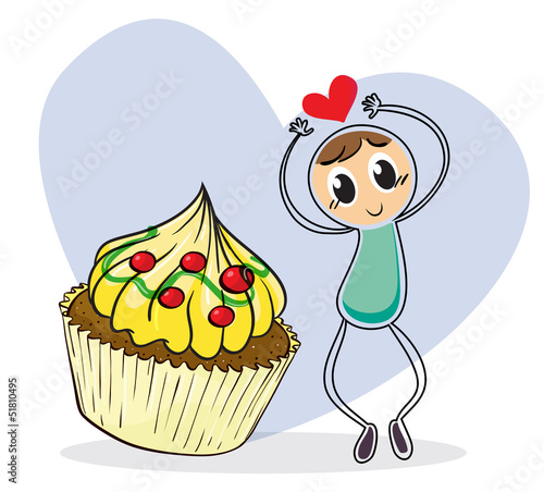 A girl beside a big cupcake