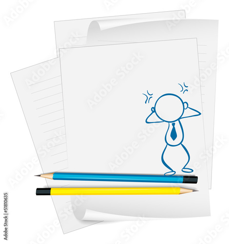A paper with a drawing of an angry boy
