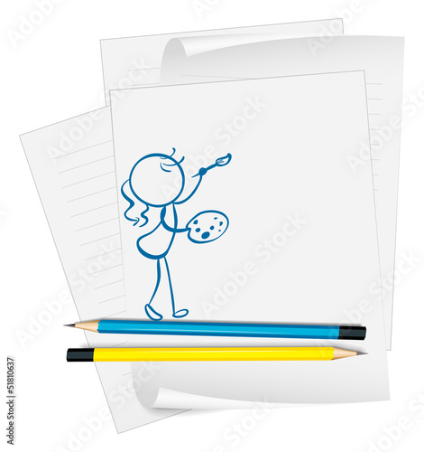 A paper with a drawing of a girl painting