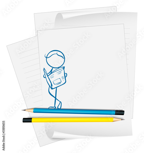 A paper with a drawing of a man reading a  newspaper