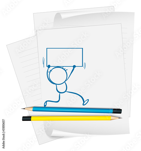 A paper with a drawing of a boy holding a signage