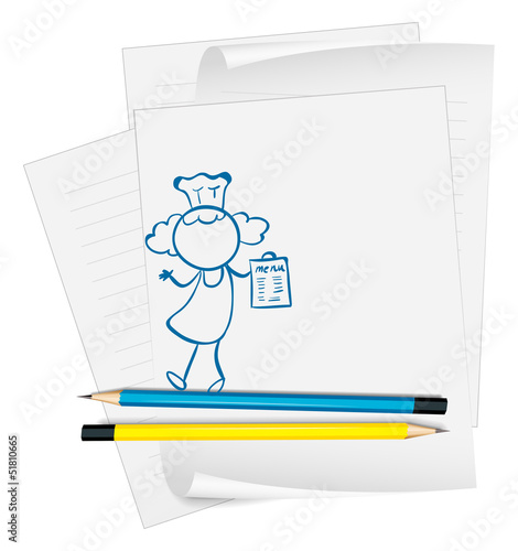 A paper with a drawing of a girl holding a menu