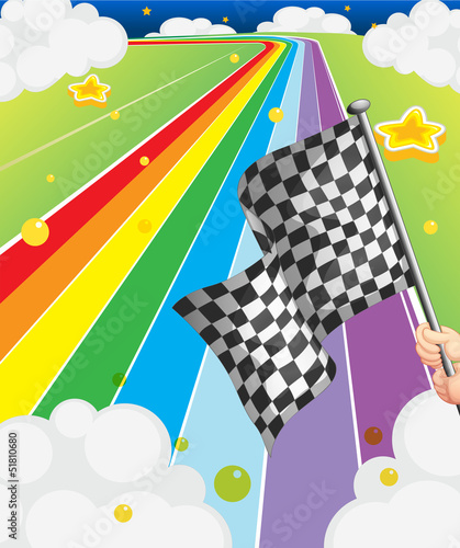 A colorful road with a flag
