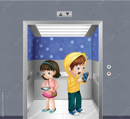 Kids with gadgets at the elevator