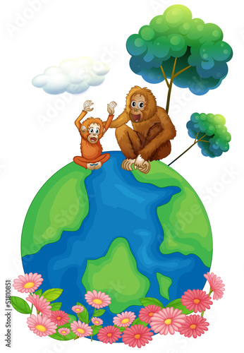 A small and a big orangutan sitting above the planet earth