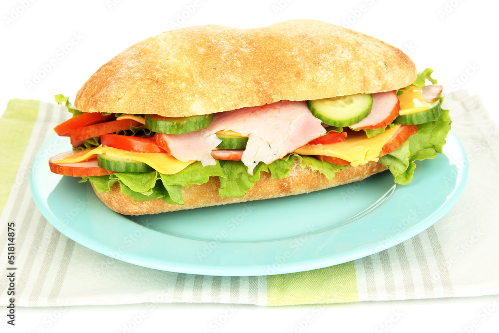 Fresh and tasty sandwich with ham and vegetables isolated Fresh and tasty sandwich with ham and vegetables isolated