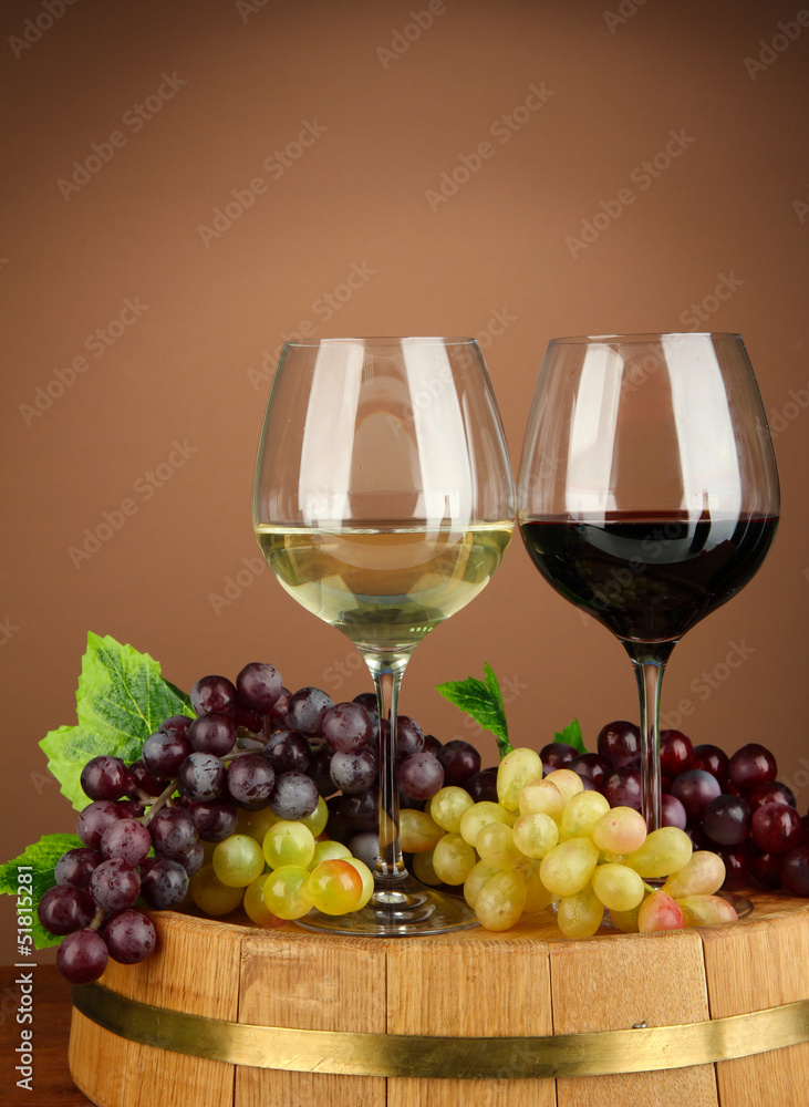Glasses of red and white wine, grape