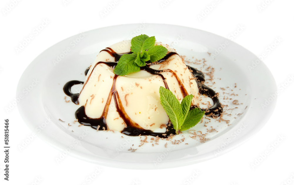 Panna Cotta with chocolate sauce, isolated on white Panna Cotta with chocolate sauce, isolated on white