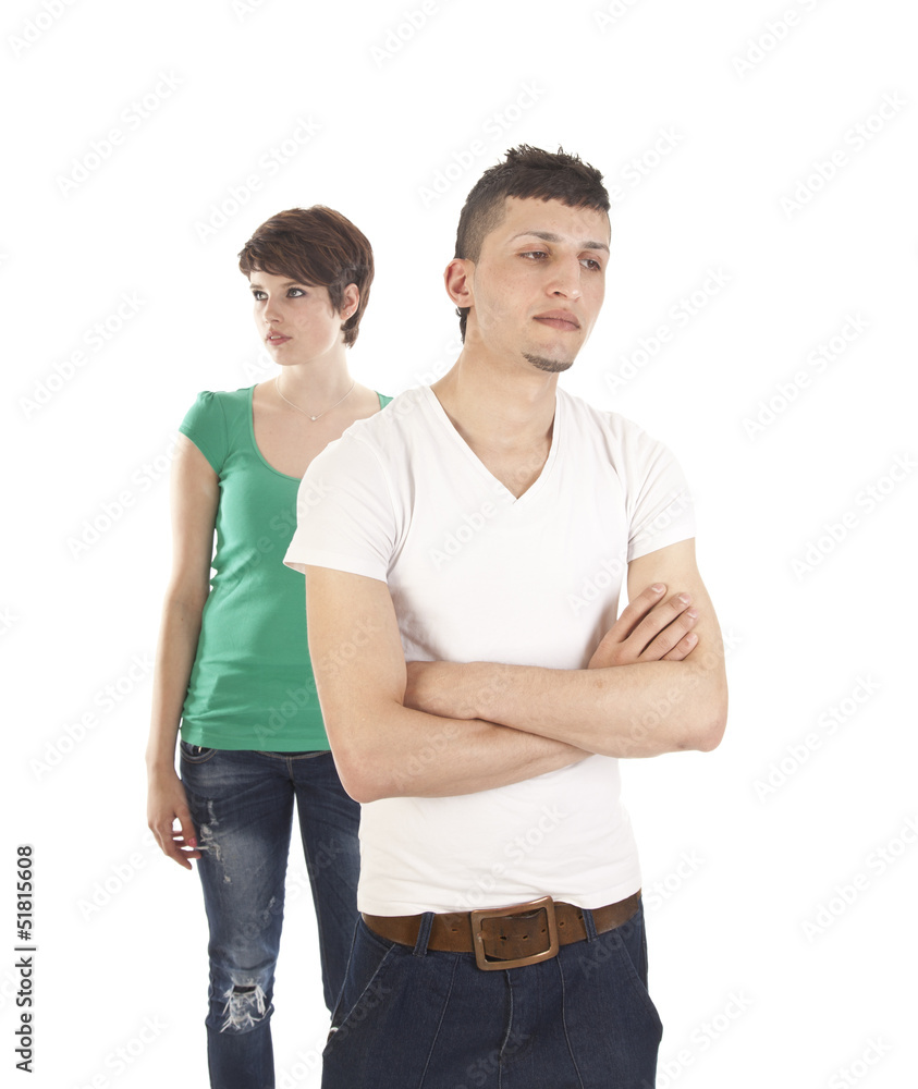 Young man and woman arguing isolated on white background Young man and woman arguing isolated on white background
