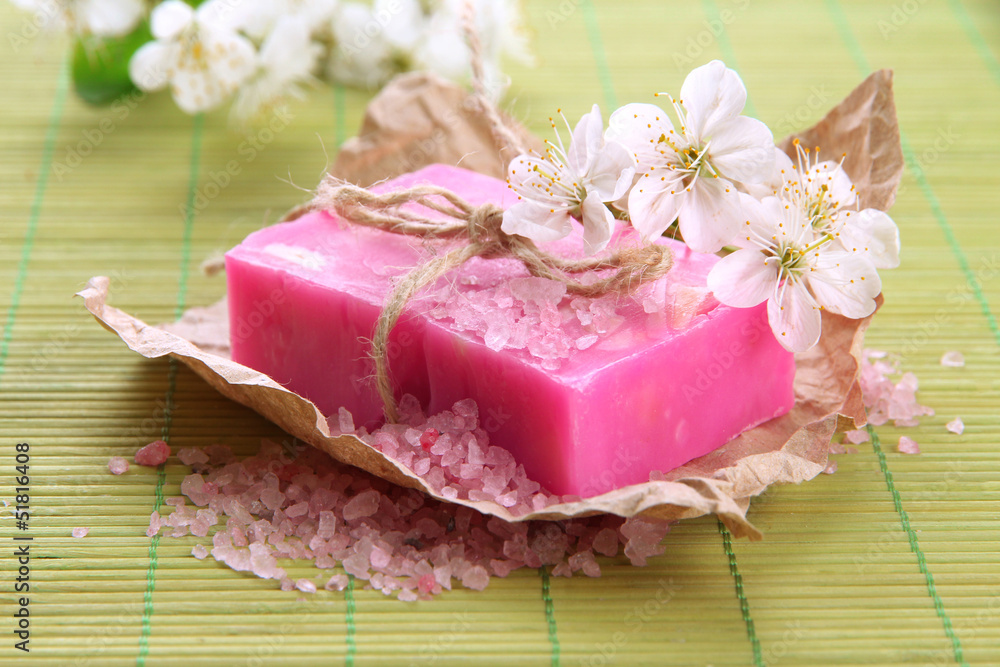 Natural handmade soap on bamboo mat Natural handmade soap on bamboo mat