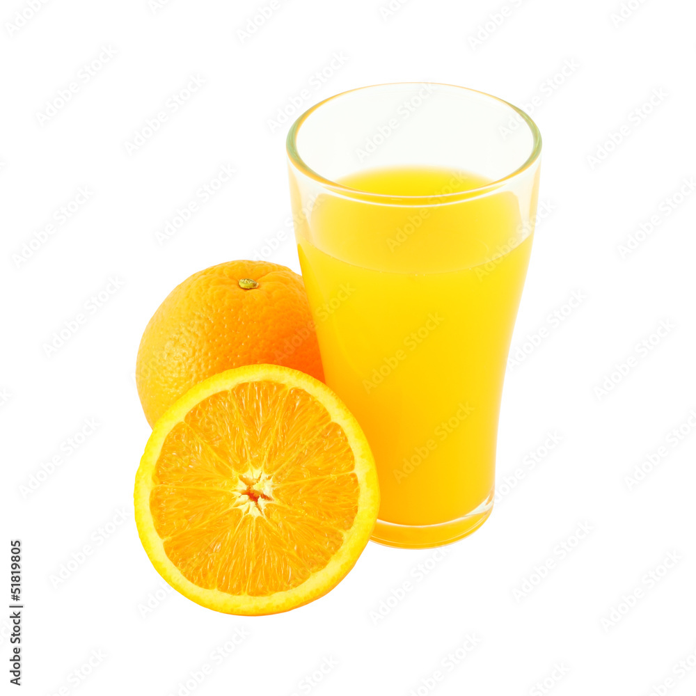 Glass of orange juice and riped fruit side on white background. Glass of orange juice and riped fruit side on white background.