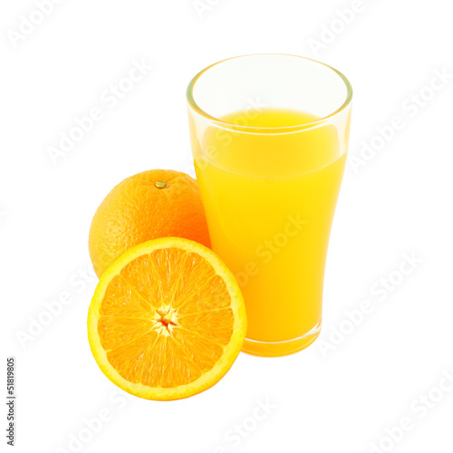 Glass of orange juice and riped fruit side on white background.