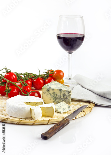 cheese, tomatoes and wine isolated