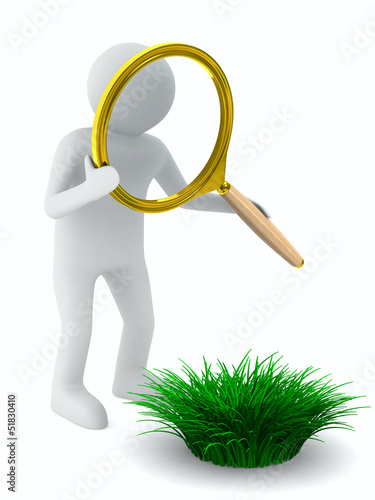Man with magnifier and grass. Isolated 3D image