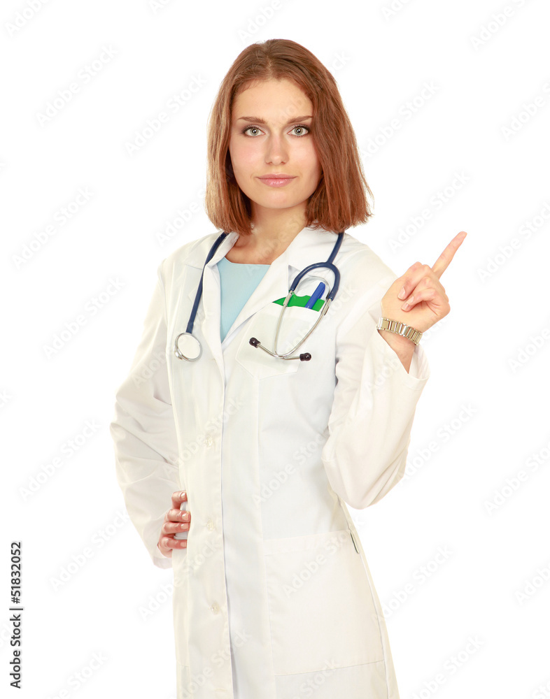 Portrait of a female doctor, pointing up Portrait of a female doctor, pointing up