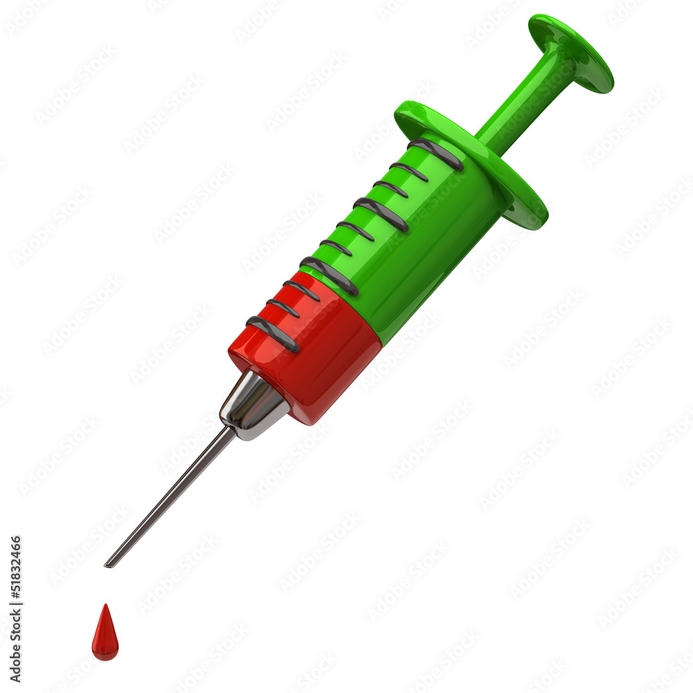 Stylized injection syringe and red drop Stylized injection syringe and red drop