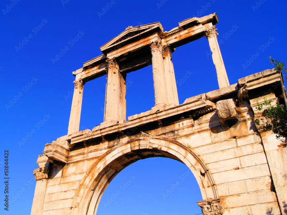 Upward view of the ancient Hadrian's Arch, Athens. Greece