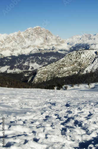 Snowy Landscape of Dolomites Mountains during Winter