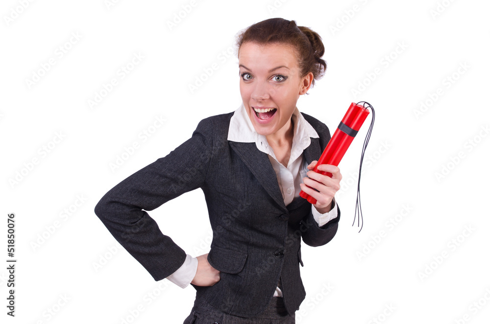 Businesswoman with dynamite on white Businesswoman with dynamite on white