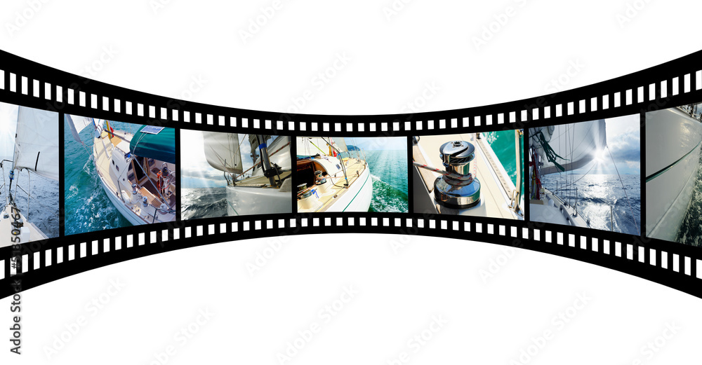 Film strip with pictures Yacht in the open sea