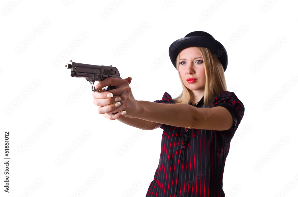 Woman gangster with handgun on white Woman gangster with handgun on white