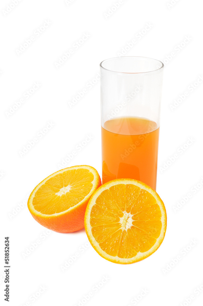 Glass with juice and orange isolated on white background Glass with juice and orange isolated on white background