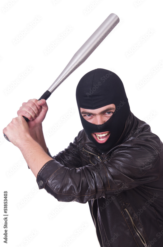 Male hooligan with bat on white Male hooligan with bat on white