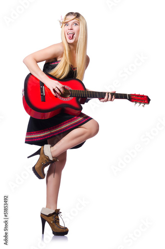 Guitar player woman isolated on white