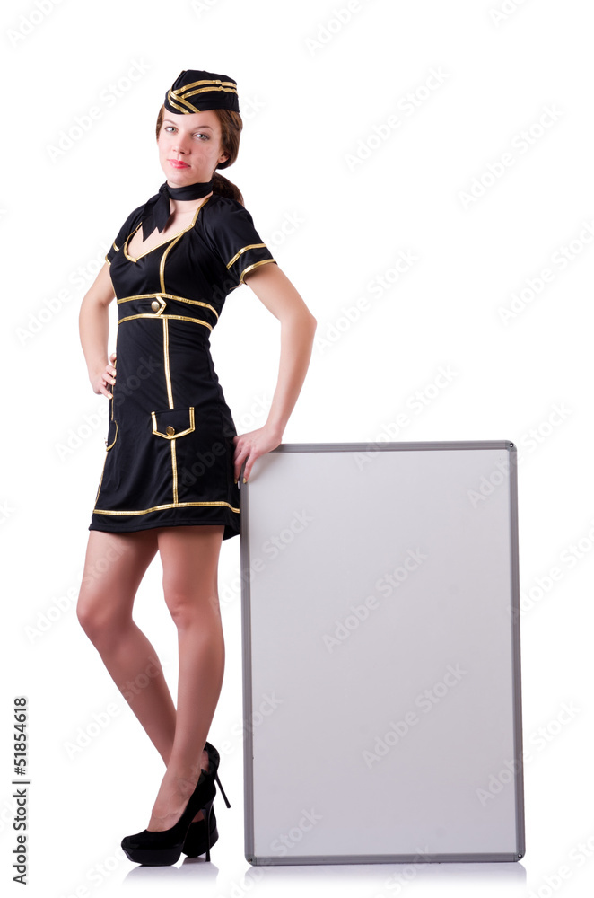 Stewardess with blank board on white Stewardess with blank board on white